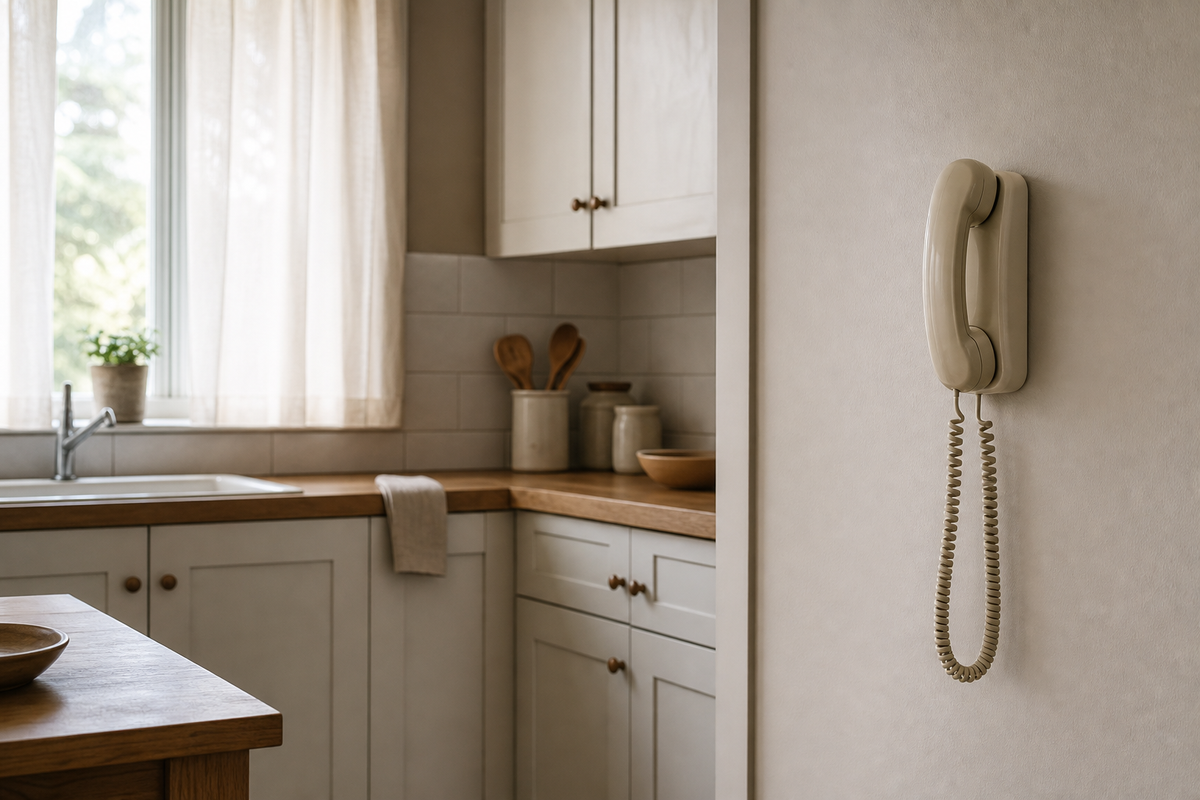Wall-mounted telephone with coiled cord in a sunlit kitchen.