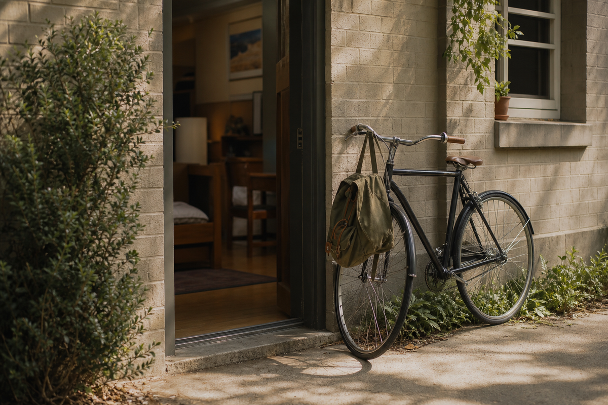 Bicycle leaning against a doorway with a backpack hanging on it.