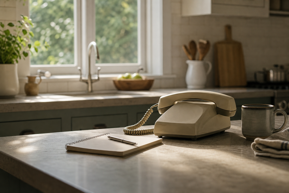 Telephone on kitchen counter beside a notepad and pen