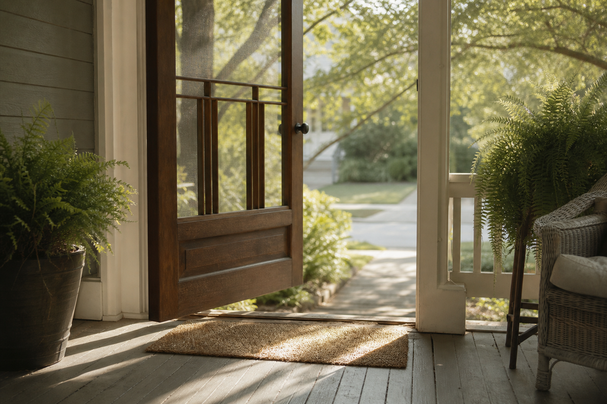 Open screen door on a house porch with wooden floorboards.