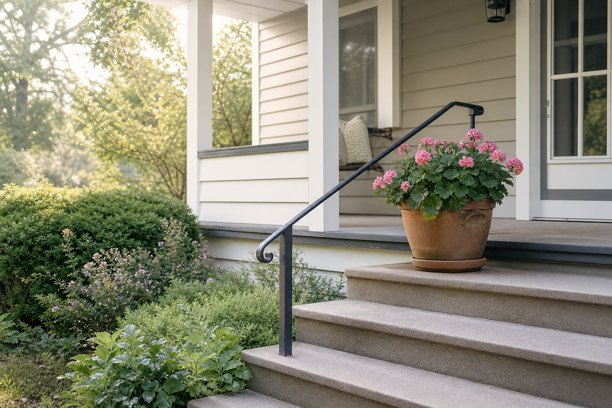 House porch with handrail, steps, and a potted plant.