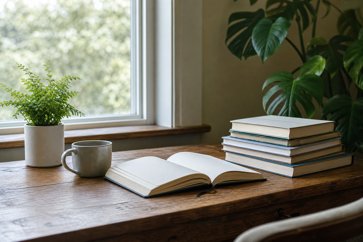 Desk by window with notebook, textbooks, mug, and plant.