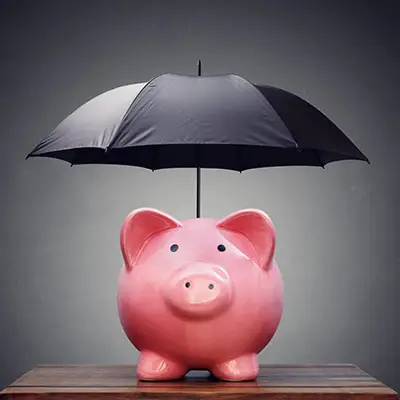 Image of piggy bank protected by umbrella