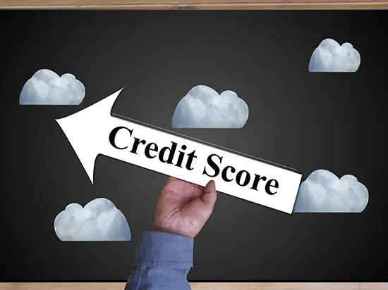 Image of man holding up-arrow labeled CREDIT SCORE
